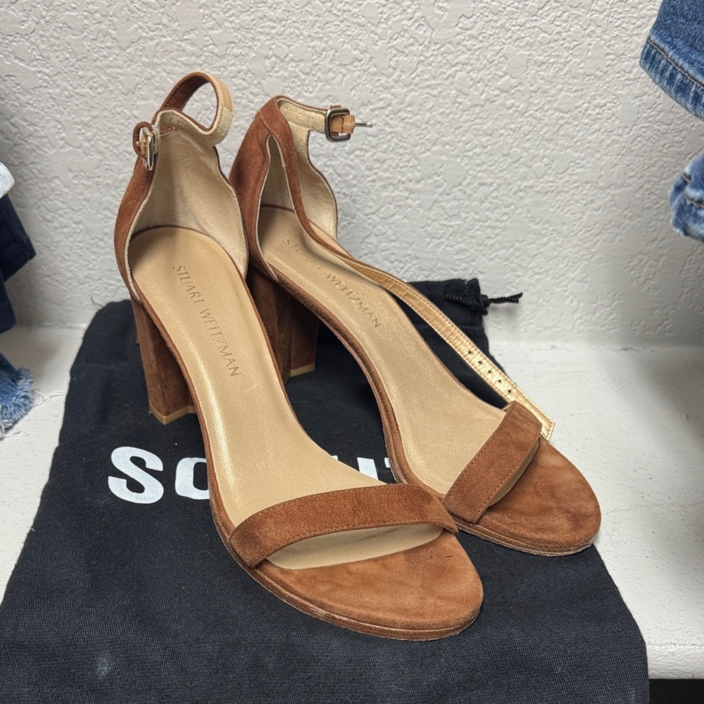 Stuart Weitzman Brown Suede Block Heel Sandals
